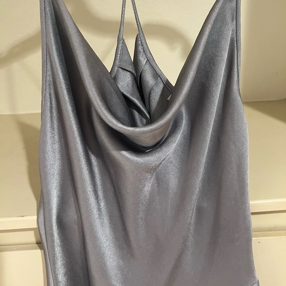 HALSTON. Silver bias cut drop neckline open back dress! Hi Lo MIDI - Picture 5 of 13